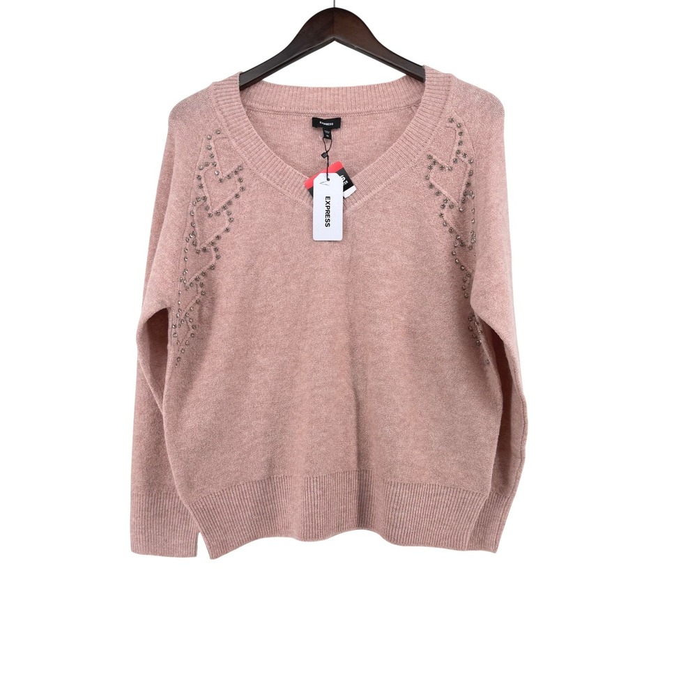 NWT Express Womens XS Pink Rhinestone Heart Embellished V-Neck Knit Sweater‎